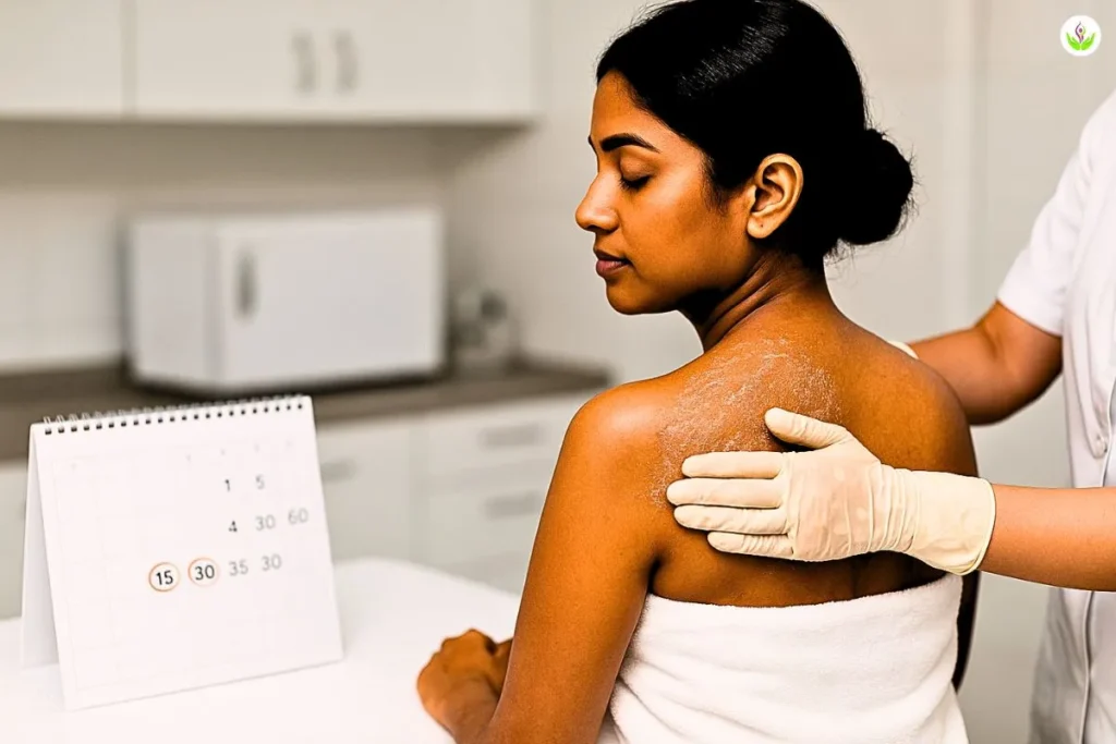Indian bride receiving gentle shoulder exfoliation with bridal body polishing timeline in clinic