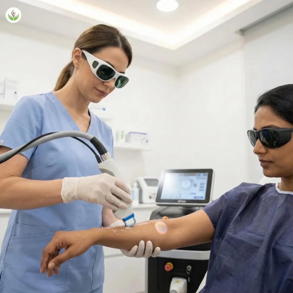 Doctor-supervised laser hair removal safety protocol with patch test and protective eyewear at Care Well Medical Centre Delhi