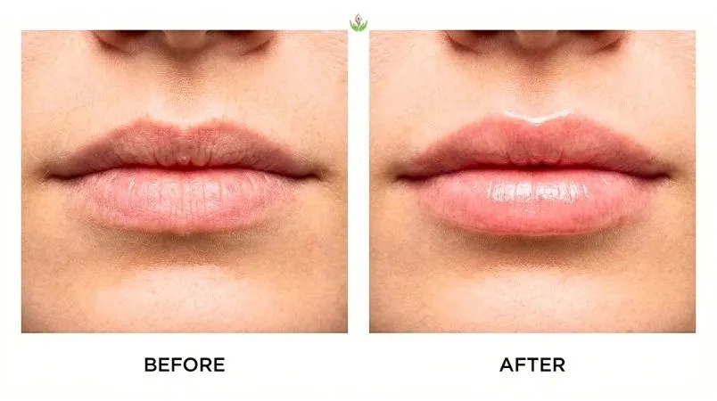 Before and after lip glow treatment results showing natural improvement in lip colour and texture for brides