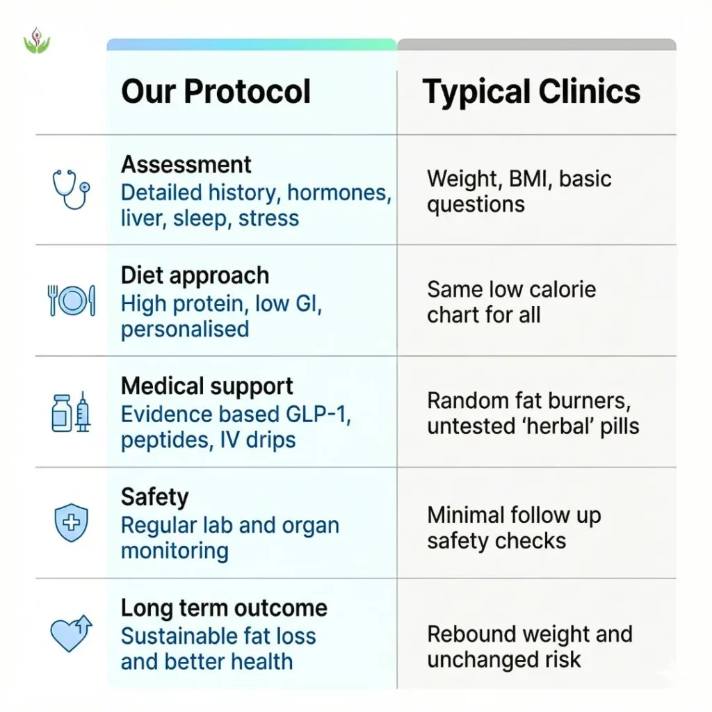 Comparison of our doctor supervised non surgical weight loss protocol with typical weight loss clinics