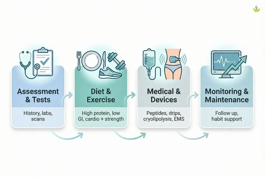 Four step process for doctor supervised non surgical weight loss program at Care Well Medical Centre Delhi