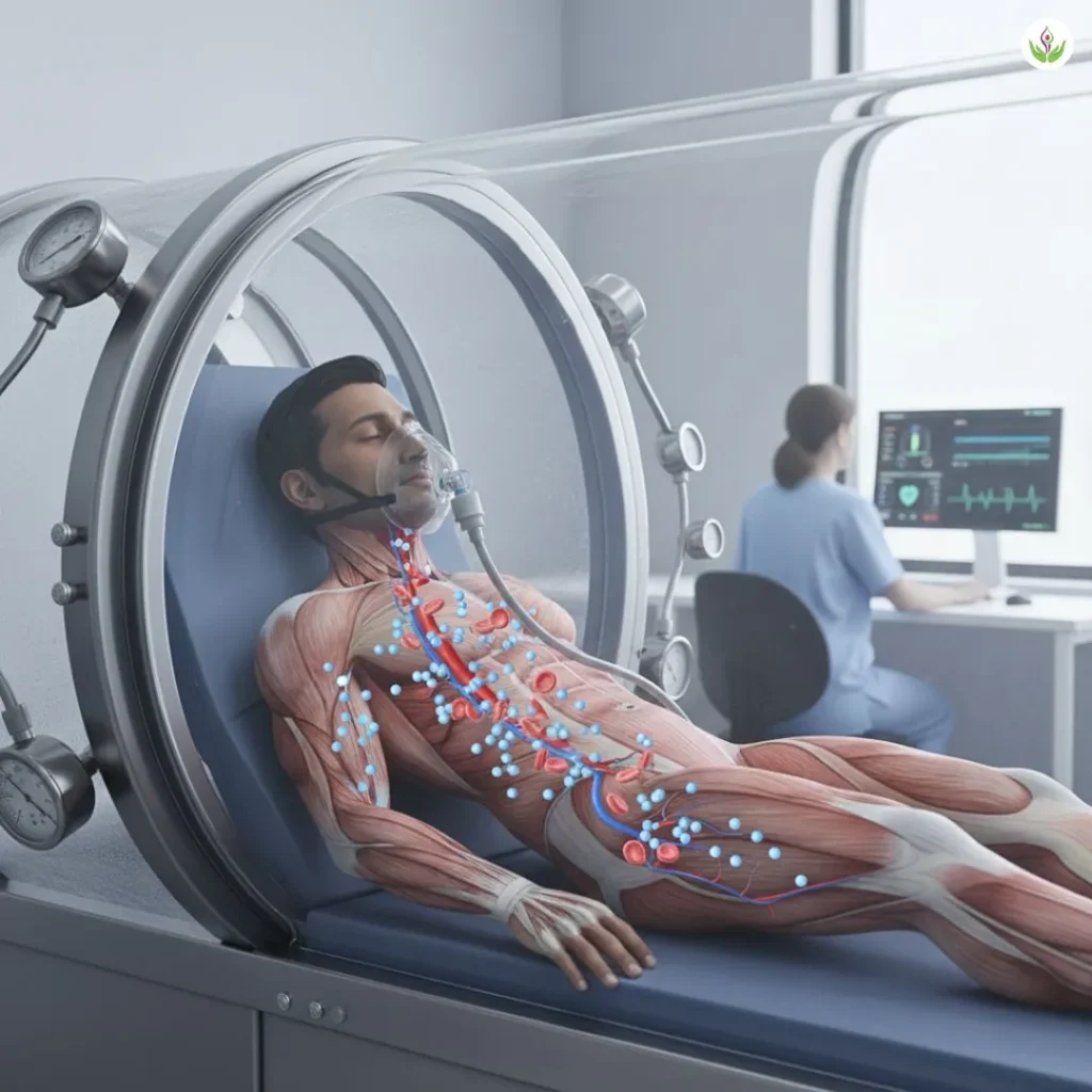 Oxygen under pressure during hyperbaric oxygen therapy reaching deeper tissues for healing