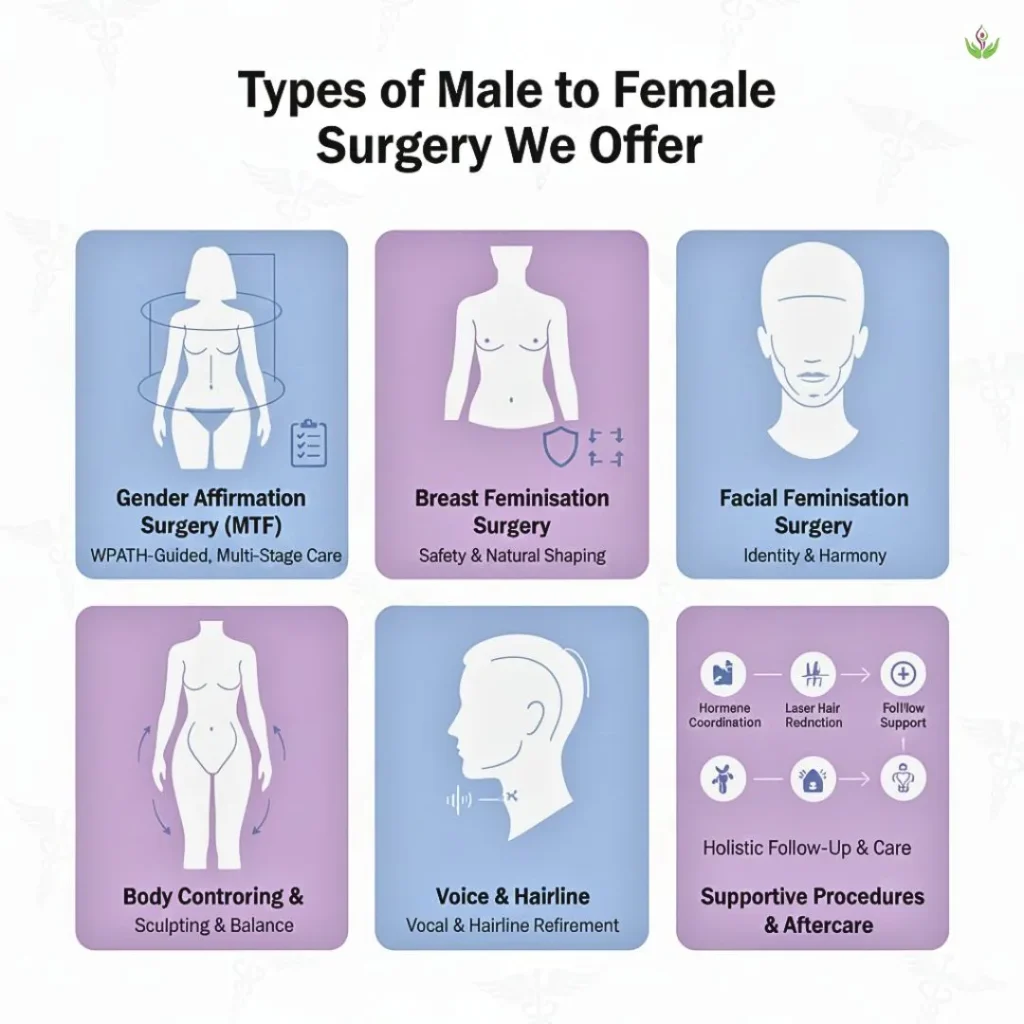 Types of male to female surgery offered at Care Well Medical Centre.