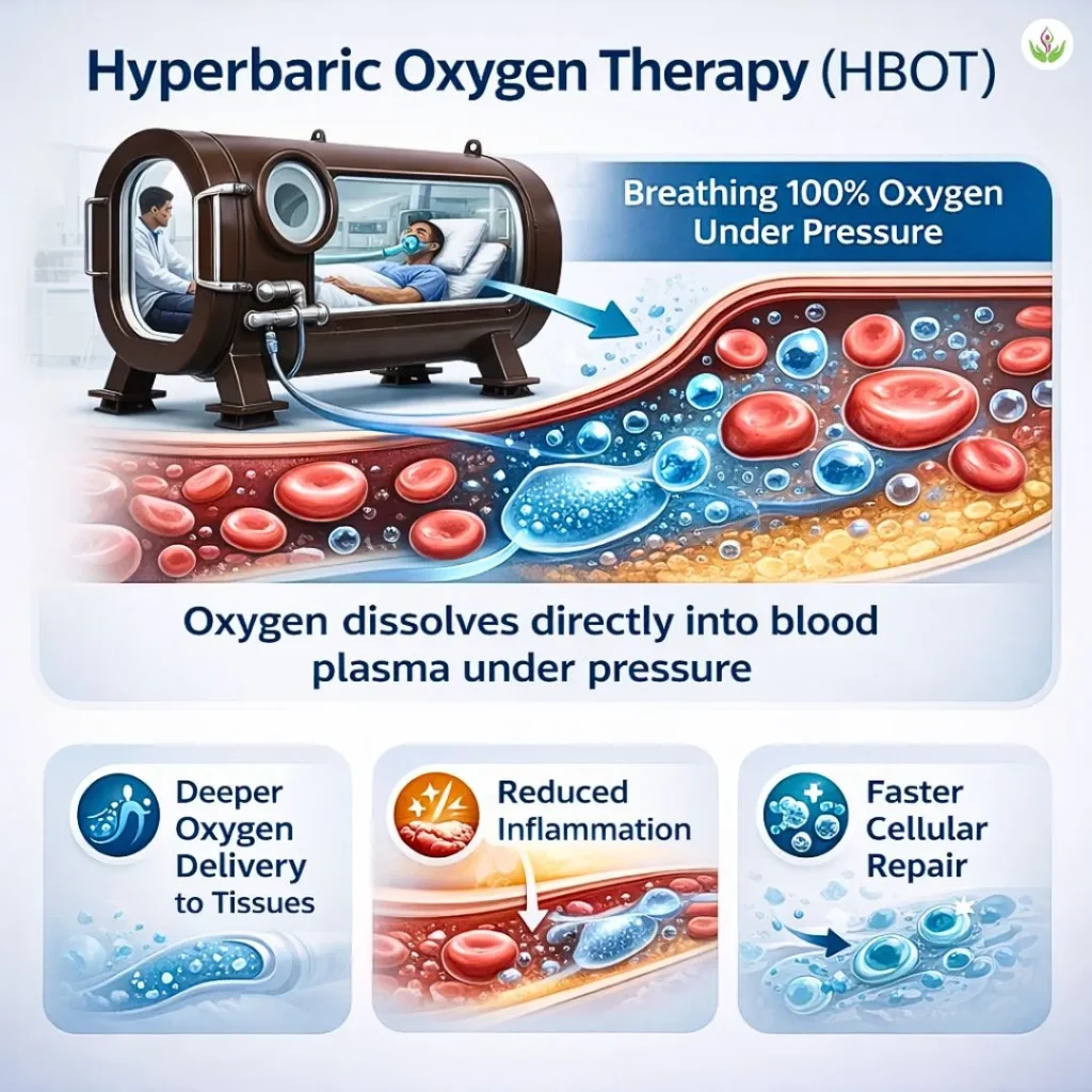 Hyperbaric oxygen therapy infographic explaining oxygen delivery under pressure