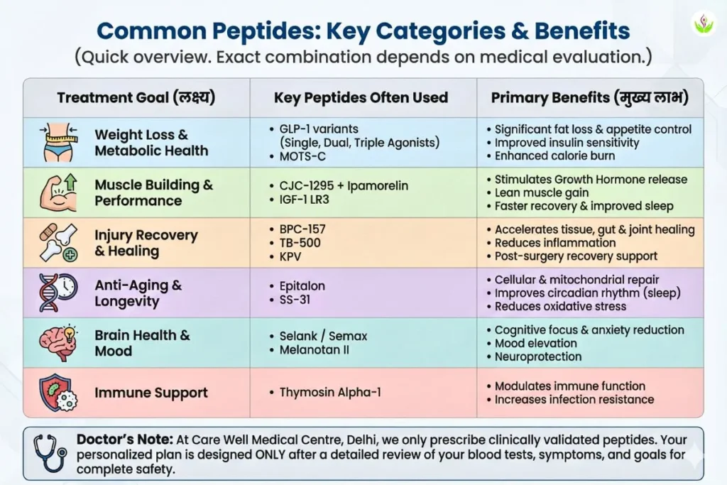 Common peptides and their clinical categories and benefits