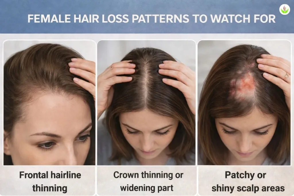 Female hair loss patterns showing frontal hairline thinning, crown thinning, and patchy scalp areas