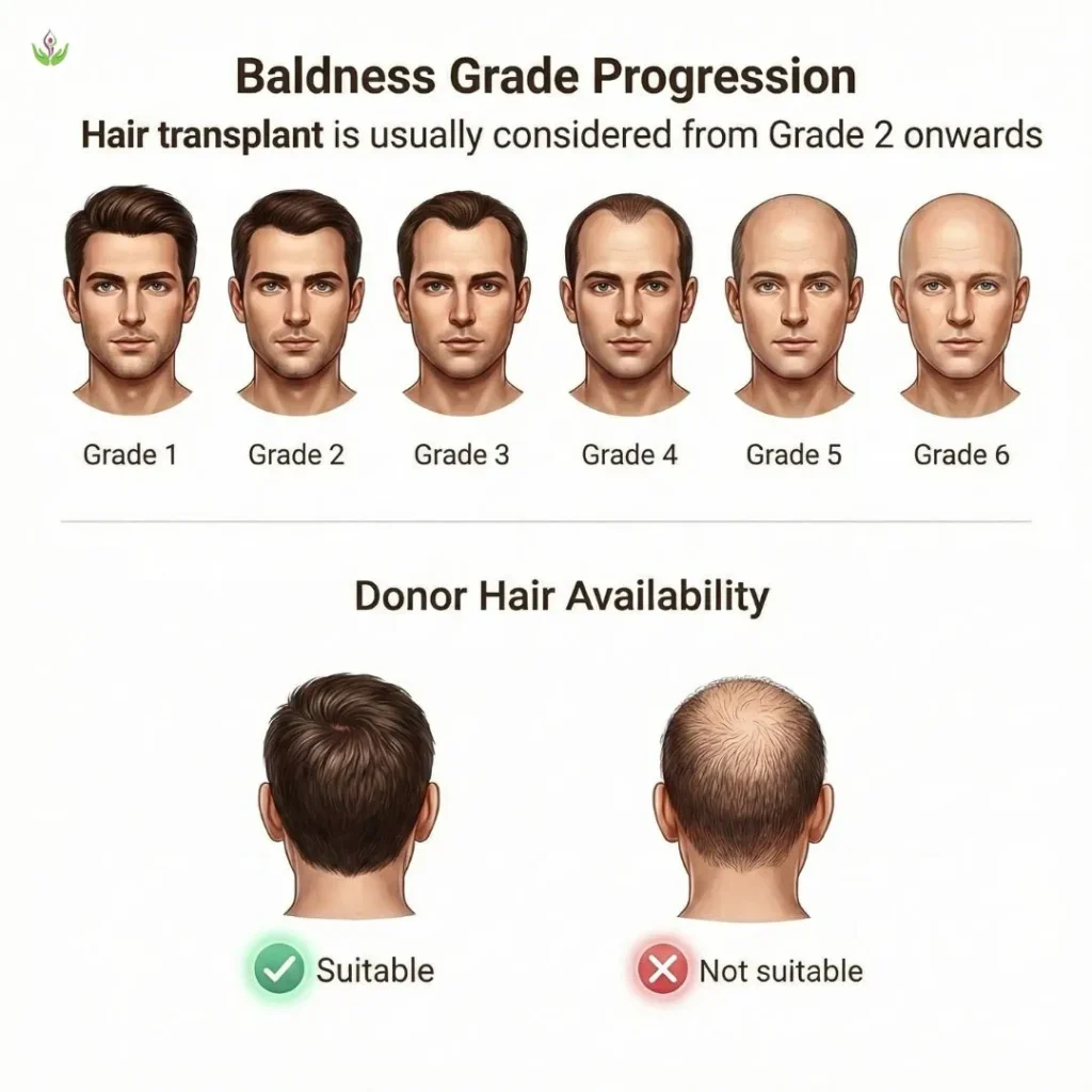 Baldness grades and donor hair availability for hair transplant
