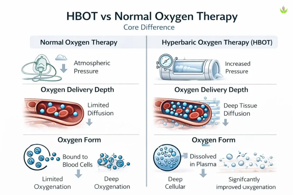 Core difference between HBOT and normal oxygen therapy