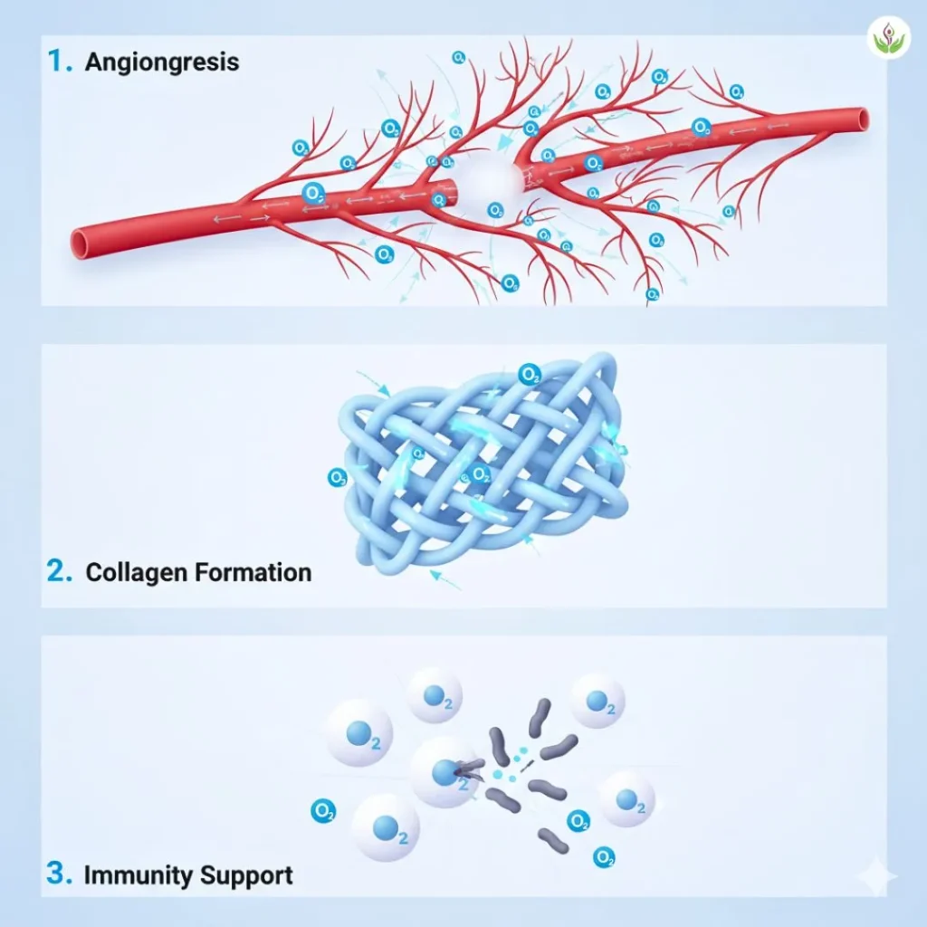 Infographic showing how improved oxygen delivery promotes new vessels, collagen repair, and immune healing.