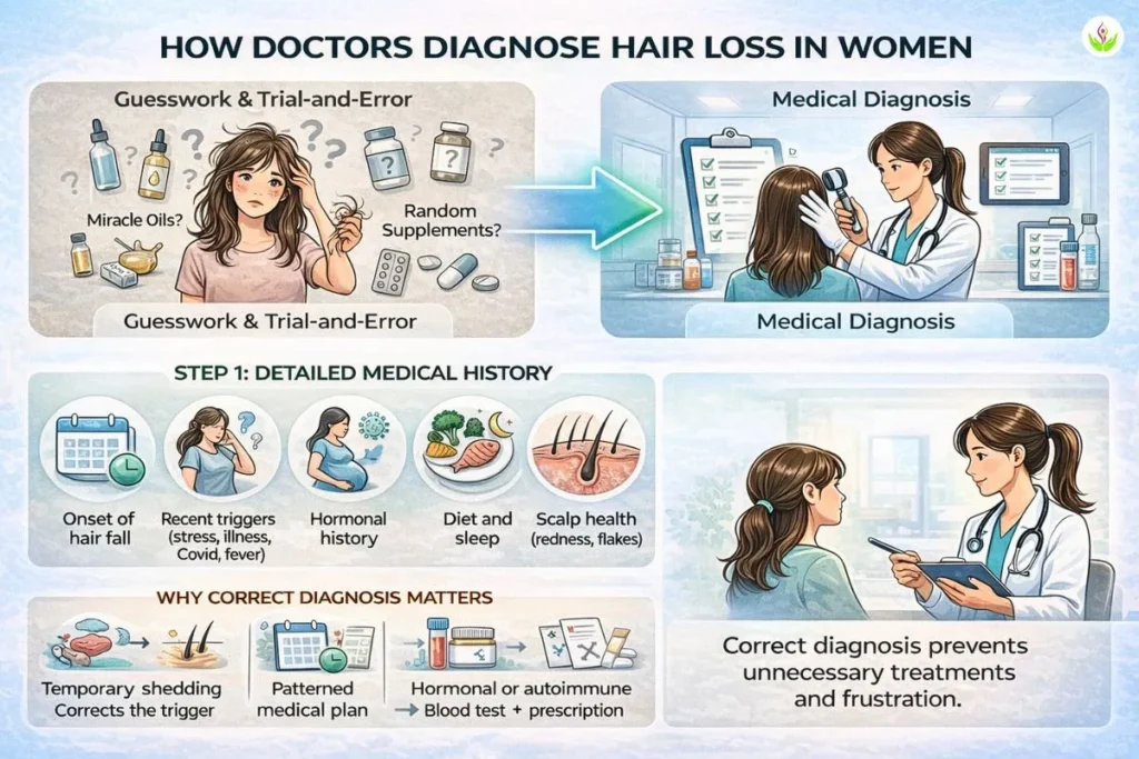 How doctors diagnose hair loss in women medical evaluation infographic