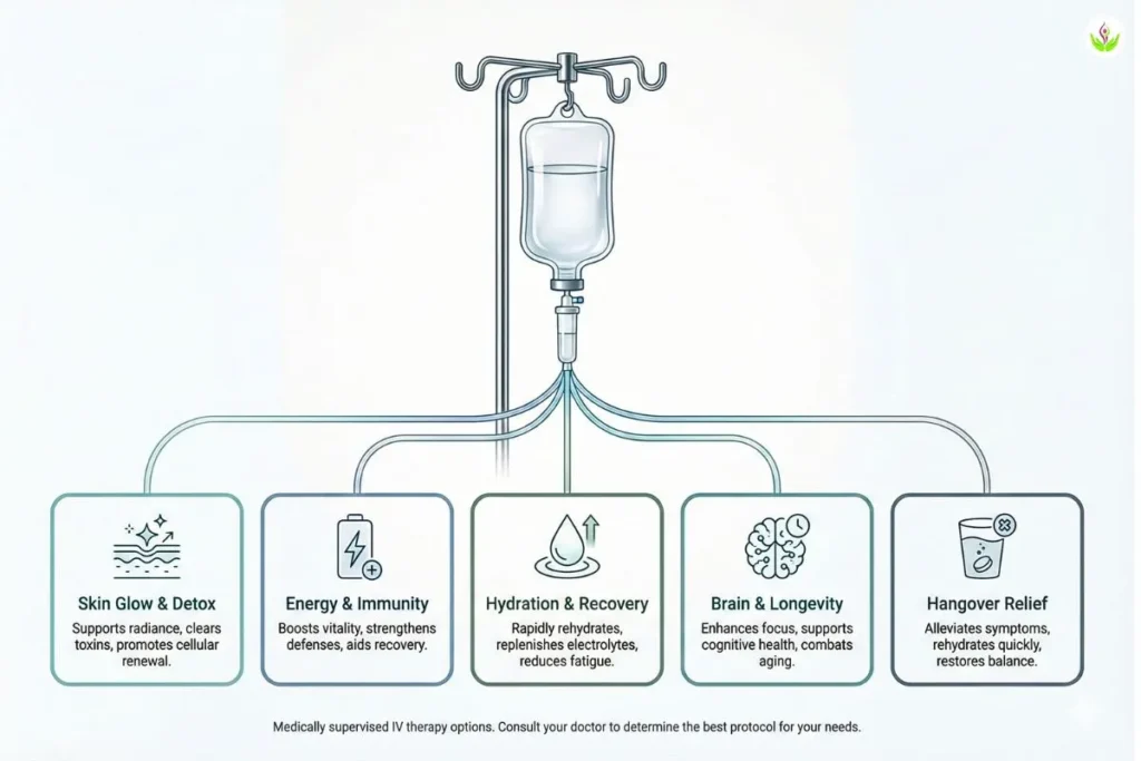 Overview of IV therapy drip options for energy, skin glow, immunity, and recovery in Delhi