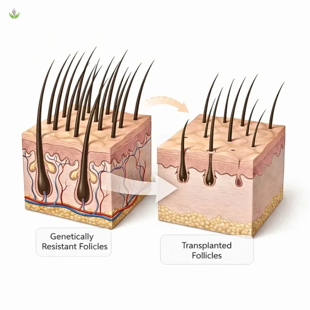 Donor hair follicles transplanted for permanent hair growth
