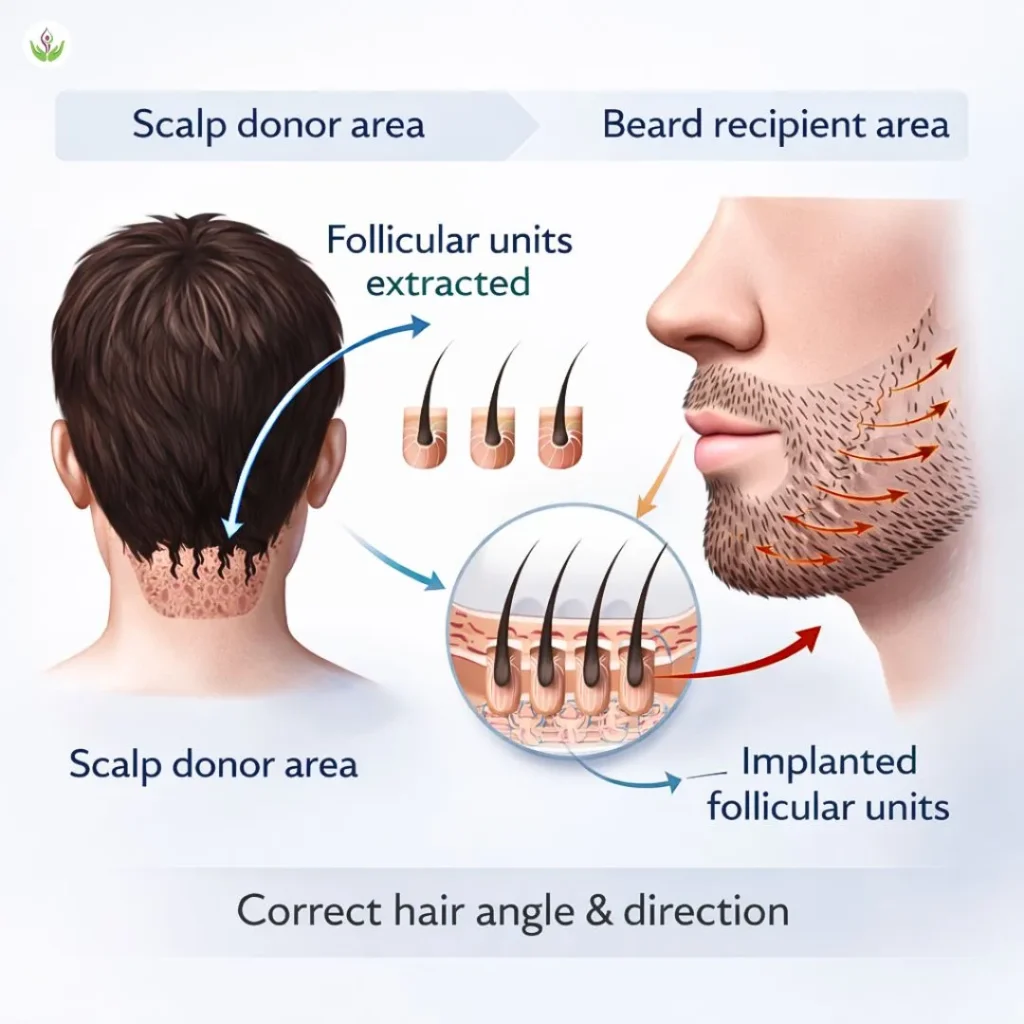 Beard transplant procedure explained with medical illustration